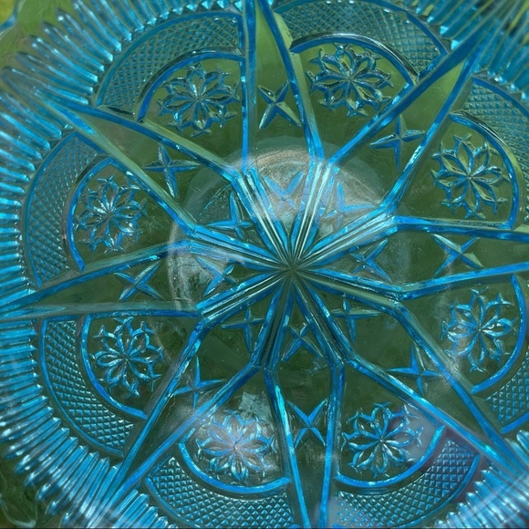 Blue Glass Serving Bowls Set Of 2 Snowflakes Stars Ruffled Rim Vintage - Picture 8 of 14